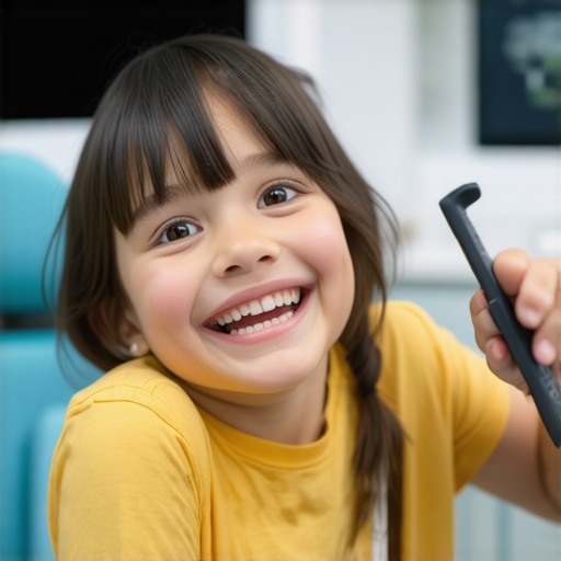 Child and dentist using AI technology during dental checkup