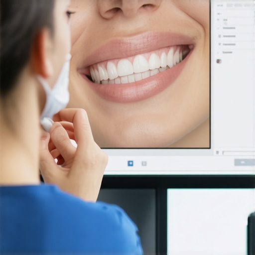 Digital Smile Design Interface in Modern Dentistry Close-up of digital smile design software displaying 3D facial scans and smile mock-ups in a dental clinic.
