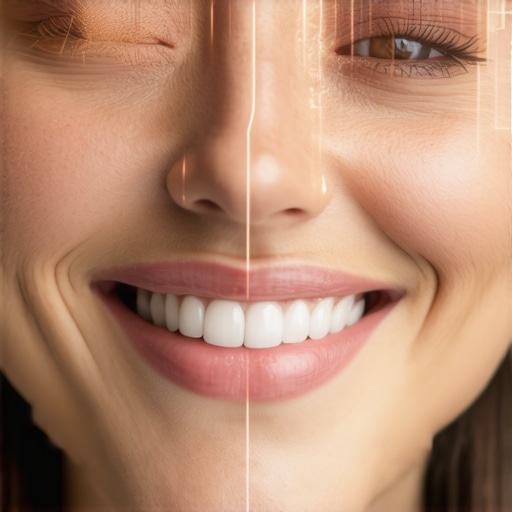 Digital Smile Design Interface with Facial Analysis A computer screen displaying a digital smile design with facial analysis tools.