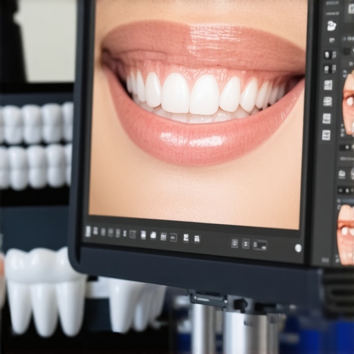 Digital Smile Design in Modern Dentistry A dentist analyzing a digital smile design on a computer screen with dental scans.