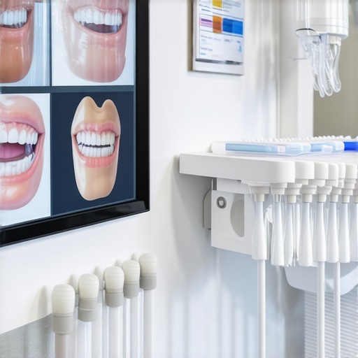 Futuristic dental clinic showcasing digital and biotechnological tools for aesthetic dentistry.