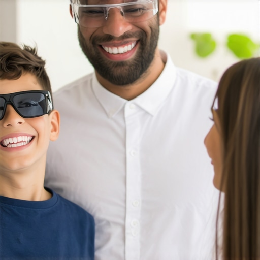 Family Dental Education with AR Technology Child and parent learning about teeth whitening using augmented reality