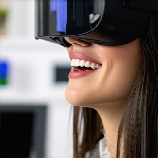 Patient experiencing virtual reality dental consultation for smile makeover.