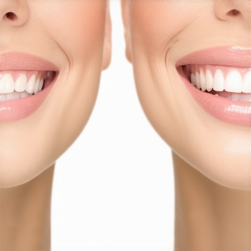 A digital screen displaying before and after images of a smile makeover using advanced design software.