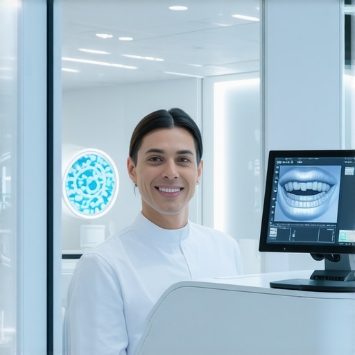 Modern dental lab with nanoceramic materials and digital design screens