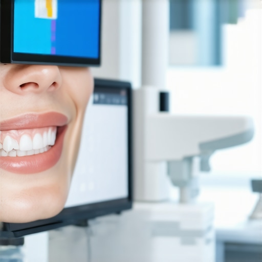A dentist using digital smile design software and intraoral scanner in a contemporary dental clinic.