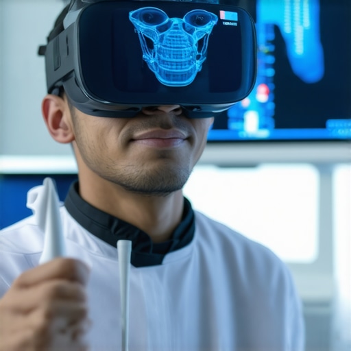 Dentist demonstrating treatment outcomes with VR headset to a family patient in a modern clinic