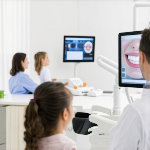 Family consulting with dentist using digital smile design tools in a contemporary dental office.