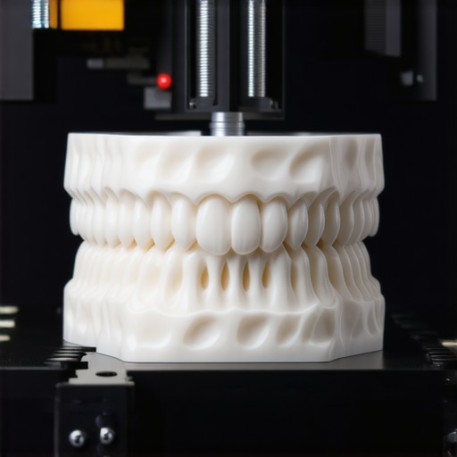 Dental professional reviewing 3D printed smile models with AI diagnostic tools displayed on screen.