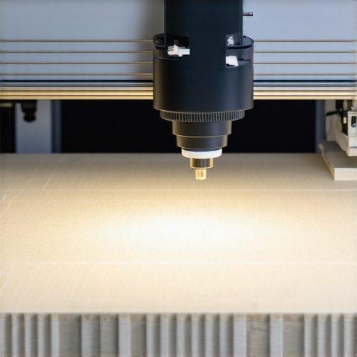 A close-up of a dental technician's workspace with a 3D printer producing a customized veneer.