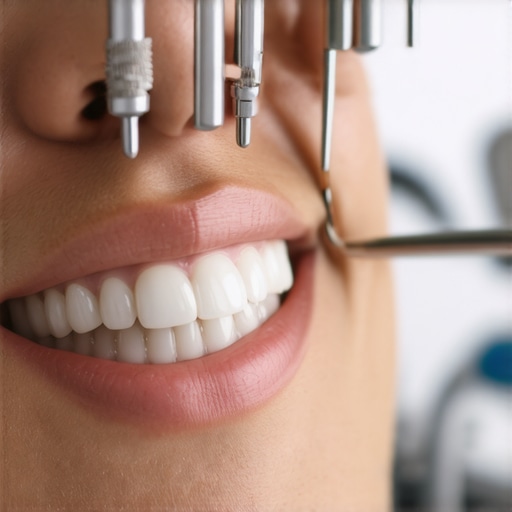 Dentist analyzing digital smile design with AI technology in a contemporary dental office.
