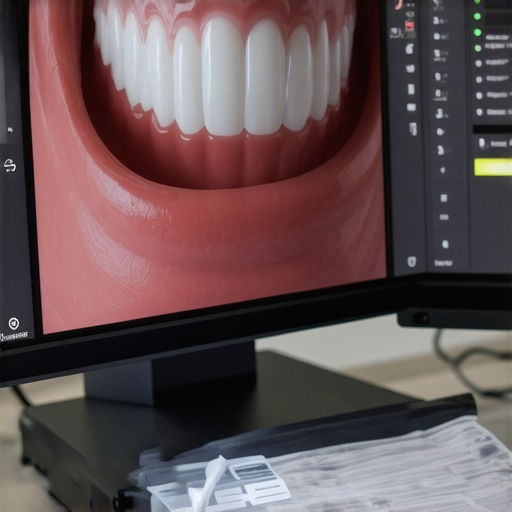 Dentist analyzing a digital smile design on a computer screen with simulation tools for aesthetic planning.