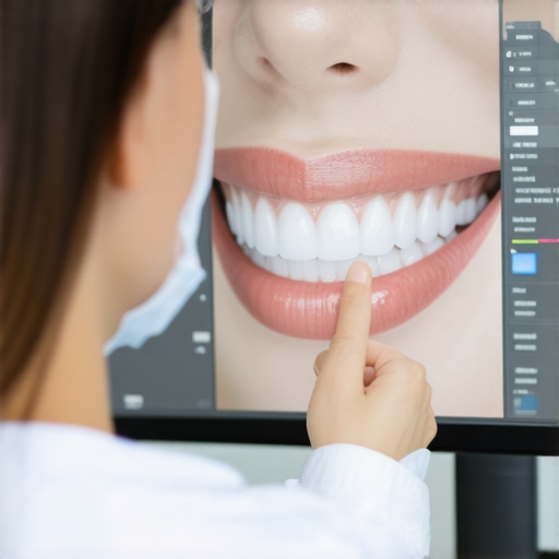 Dentist analyzing 3D smile design on computer screen with digital tools