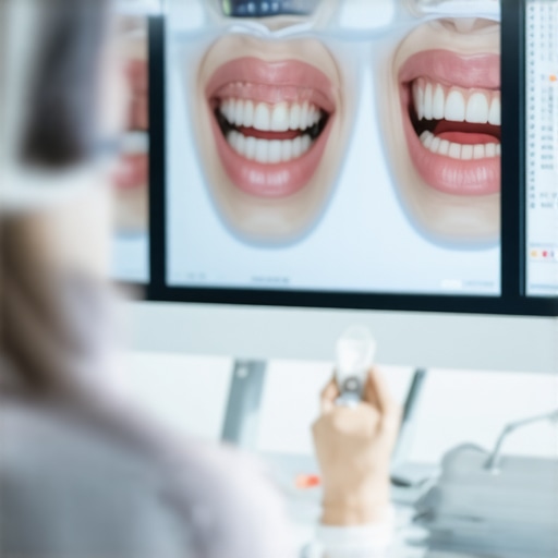 Dentist analyzing 3D smile model on computer screen during aesthetic planning.