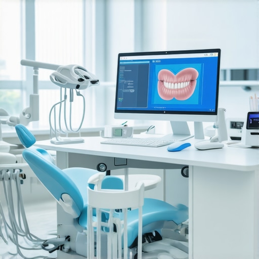 A dentist's workstation with digital smile simulation software, CAD/CAM milling machine, and samples of advanced dental composite materials.