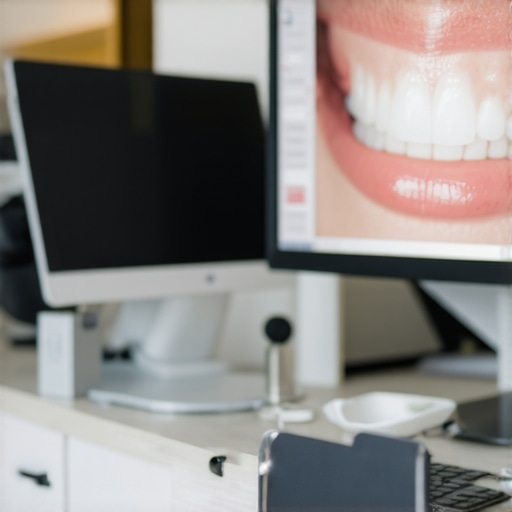 Dentist analyzing smile design on computer with digital tools.