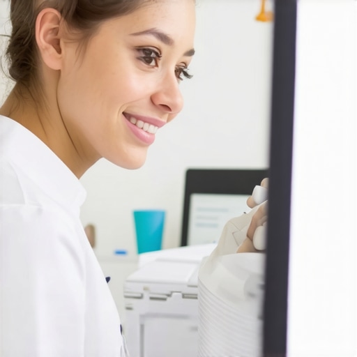 A dental professional reviewing a 3D digital smile model on a computer screen, demonstrating advanced smile designing techniques.