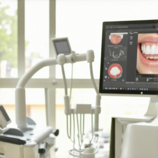 Dentist using digital smile design software to plan aesthetic dental restorations.