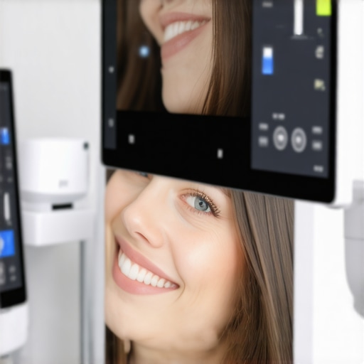 Dentist using digital smile design technology with patient in a contemporary clinic setting.