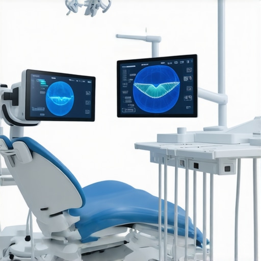 Futuristic dental clinic showcasing smile design technology and VR tools.