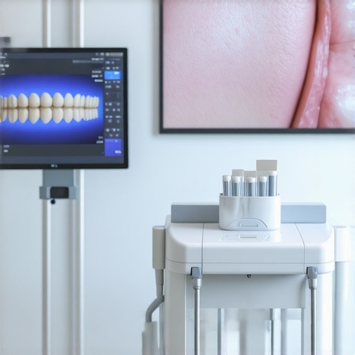 Modern dental clinic with AI and digital modeling tools in use.