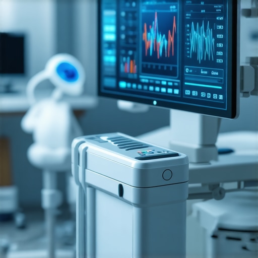 Advanced Dental Diagnostic Environment A high-tech dental clinic featuring digital imaging, biomarker analysis displays, and AI interfaces for implant monitoring.