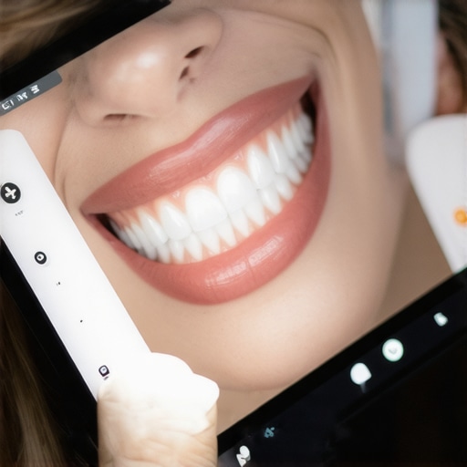 A dentist reviewing a 3D digital smile plan on a tablet showing bioactive materials integrated into orthodontic treatment
