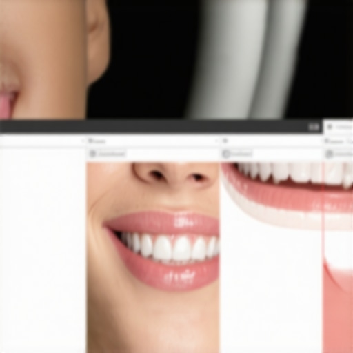 A computer screen displaying digital smile design process with facial analysis and smile simulation
