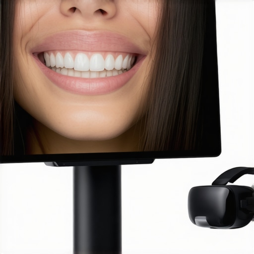 A dentist analyzing a digital smile design using a computer interface with 3D printed dental models and virtual reality tools.