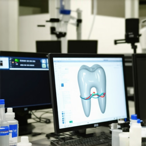 Dentist working with bioactive restorative materials and digital smile design software in a modern lab setting.