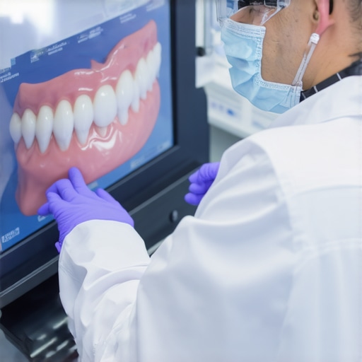 Dental professional analyzing molecular data related to periodontal health.