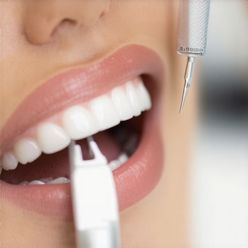 Dentist applying bioactive nano-ceramic veneer to patient’s tooth with precision tools