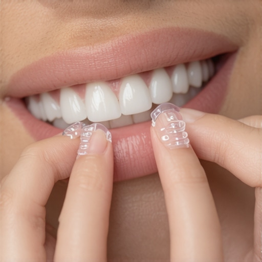 A person carefully placing Invisalign aligner into their mouth, demonstrating proper fit.