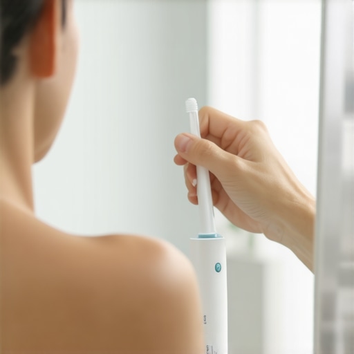Person demonstrating ultrasonic toothbrush and water flosser for dental care.