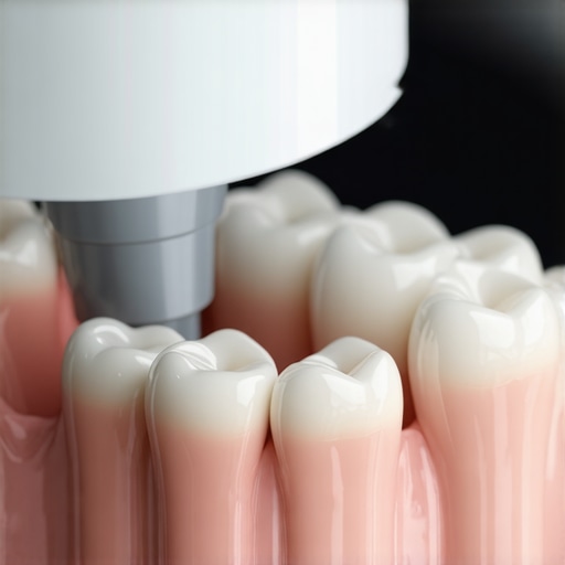 Close-up of a high-tech dental scanner analyzing teeth for stain types and structure