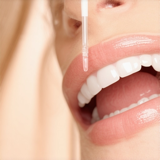 A dentist using a small brush to apply gel to a patient's teeth to reduce whitening sensitivity.