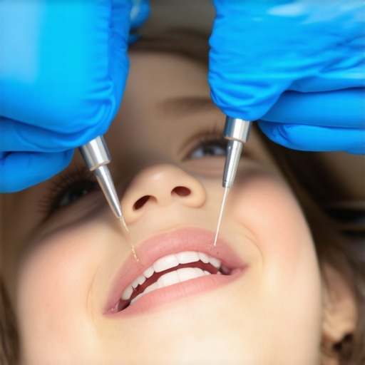 Dentist applying nano-hydroxyapatite gel on child's teeth in dental office