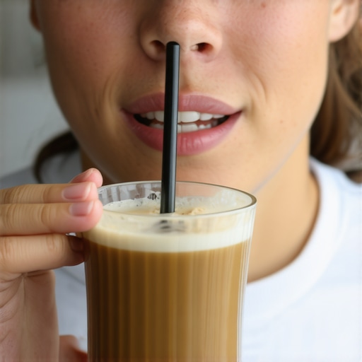 Person indicating how to sip coffee to prevent stains while wearing Invisalign