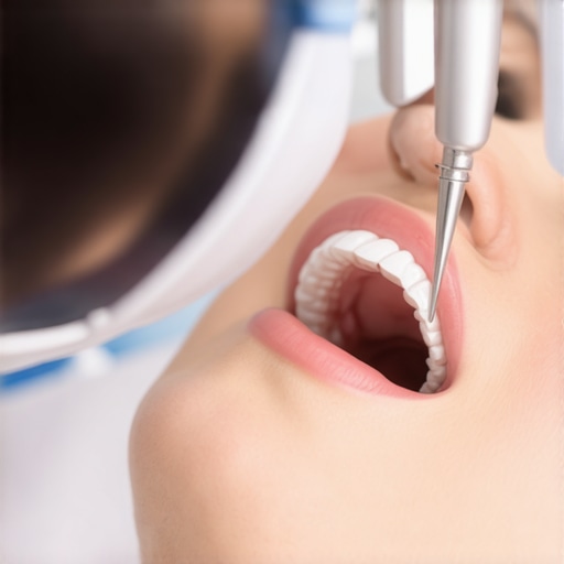 Dentist examining a patient's dental implant during a check-up.