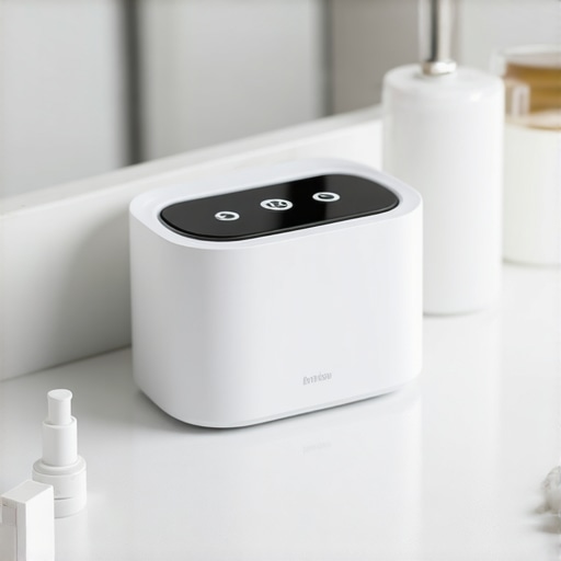 Ultrasonic dental cleaner alongside toothbrushes and dental tools on a countertop.