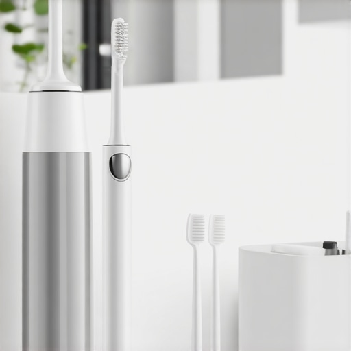 Person cleaning teeth with water flosser and electric toothbrush in a modern bathroom