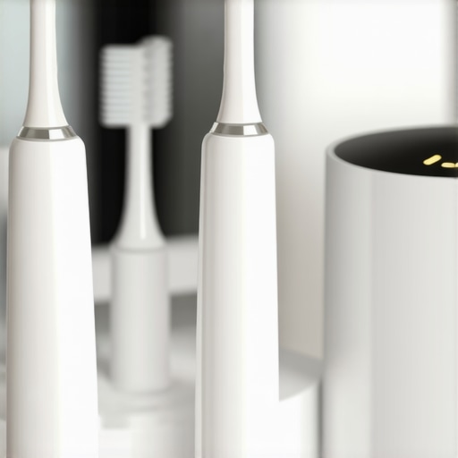 A collection of high-quality dental cleaning tools like electric toothbrush, interdental brushes, and UV sterilizer.