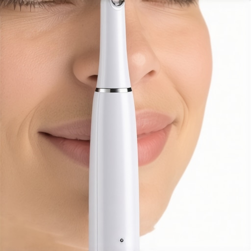 Ultrasonic toothbrush connected to a smartphone app, demonstrating advanced oral hygiene technology.