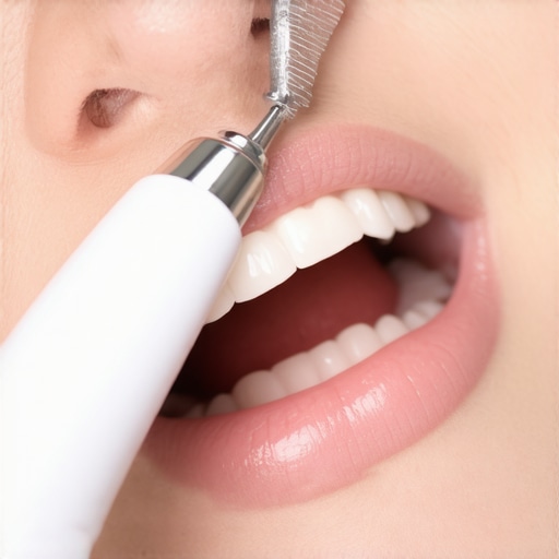 A dentist demonstrates ultrasonic cleaning equipment on a patient's teeth, emphasizing advanced dental hygiene techniques.