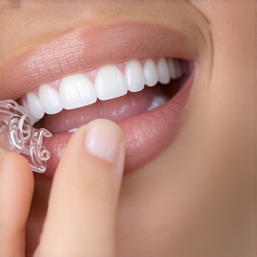 Person carefully inserting Invisalign tray to ensure proper fit for teeth alignment.