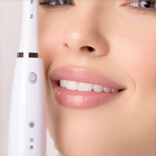 Person using an electric toothbrush with a digital display for enhanced dental care.