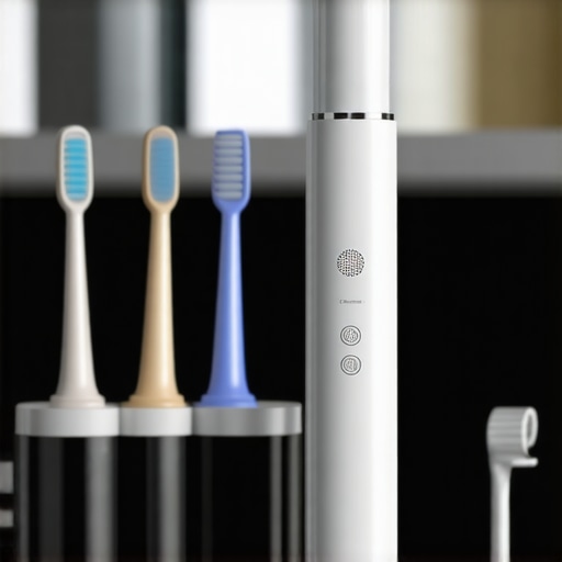 A modern UV-C sterilizing toothbrush illuminated in a bathroom setting, ready for use