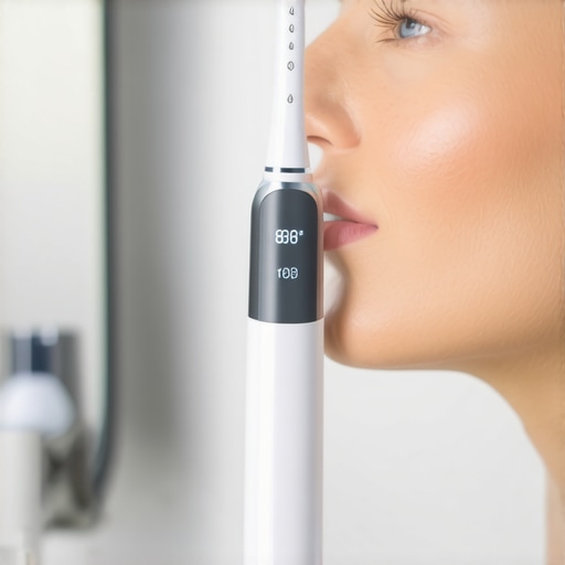 Person brushing teeth with a Sonicare electric toothbrush, showing gentle motion and digital timer.