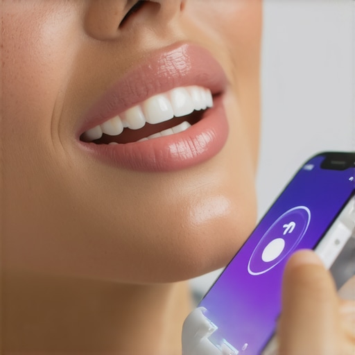 Advanced Dental Care Tools in Action Person brushing teeth with high-tech sonic toothbrush and smartphone app