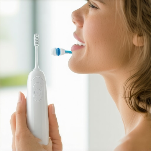 Advanced Dental Maintenance Tools Person using a sonic toothbrush and water flosser to maintain dental health